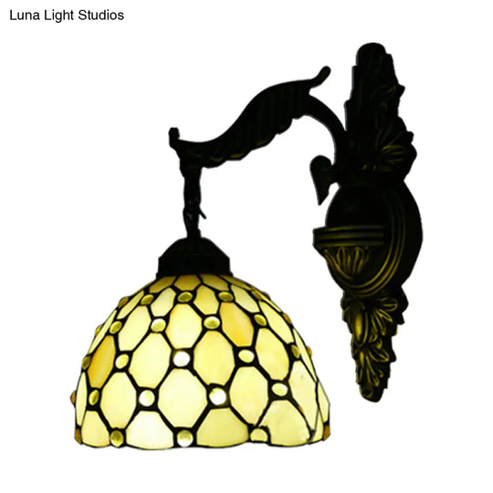 Beige Carved Arm Tiffany Glass Dome Wall Light - Traditional Sconce For Hallway