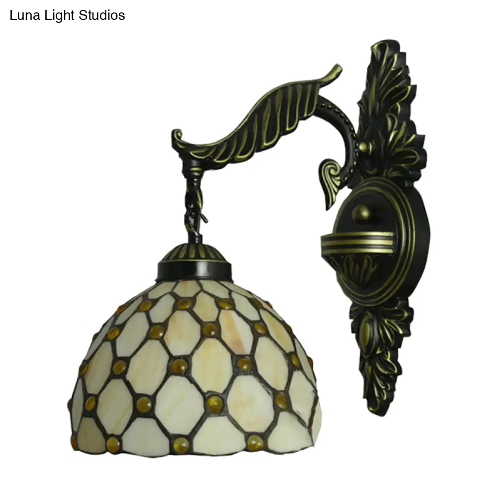 Beige Carved Arm Tiffany Glass Dome Wall Light - Traditional Sconce For Hallway