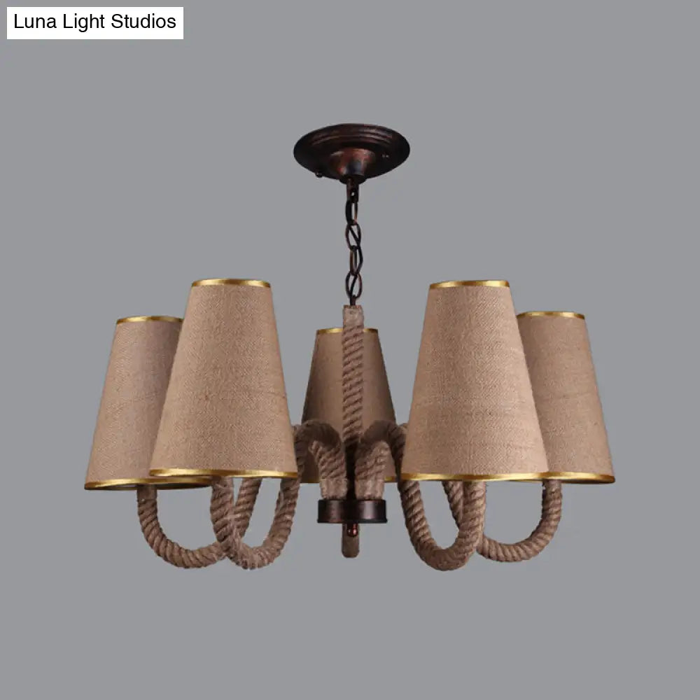 Beige Ceiling Chandelier With Antiqued Rope Design And Fabric Shade