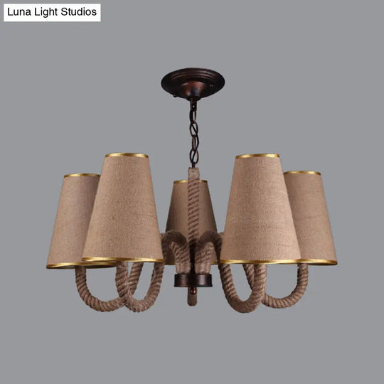 Beige Ceiling Chandelier With Antiqued Rope Design And Fabric Shade