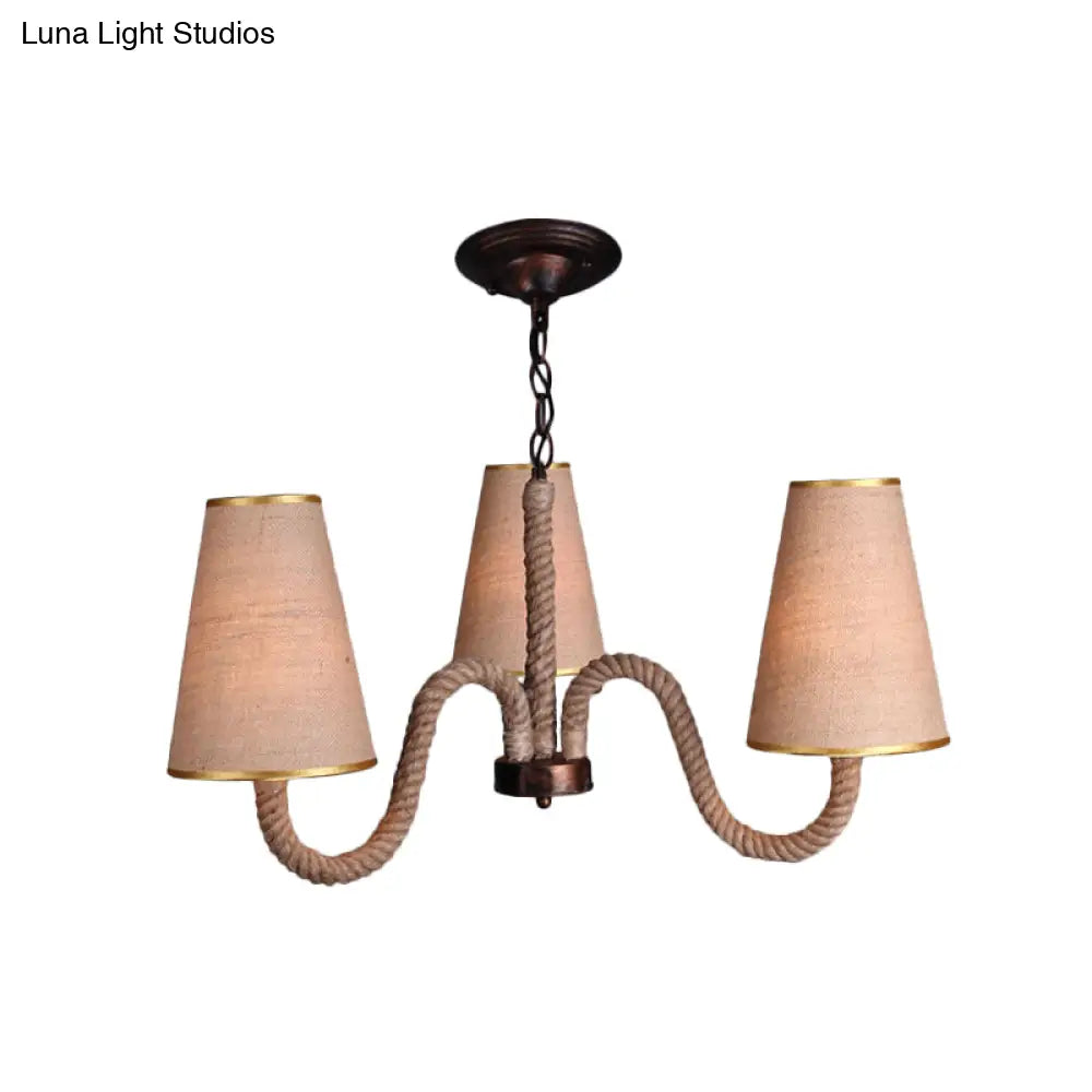 Beige Ceiling Chandelier With Antiqued Rope And Fabric Cone Shades - 3/5/8 Heads