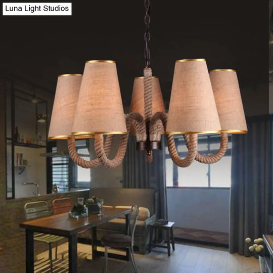 Beige Ceiling Chandelier With Antiqued Rope Design And Fabric Shade 5 /