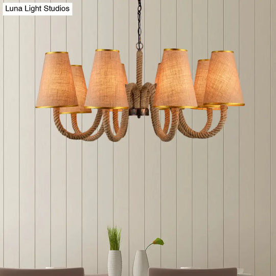 Beige Ceiling Chandelier With Antiqued Rope Design And Fabric Shade 8 /