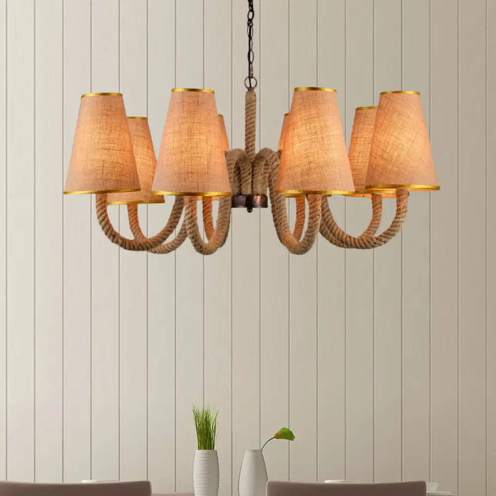 Beige Ceiling Chandelier With Antiqued Rope And Fabric Cone Shades - 3/5/8 Heads 8 /