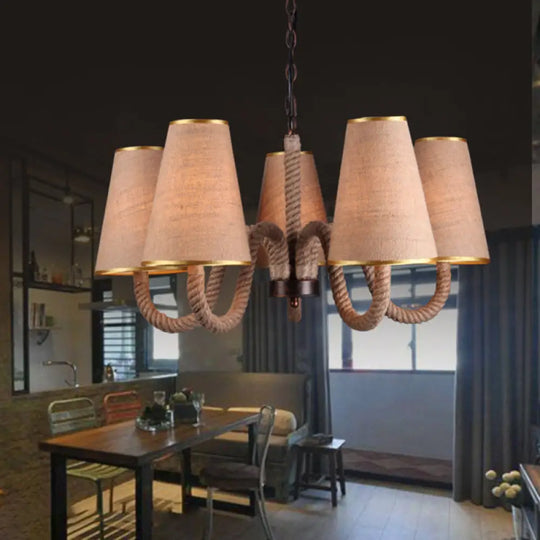 Beige Ceiling Chandelier With Antiqued Rope And Fabric Cone Shades - 3/5/8 Heads 5 /