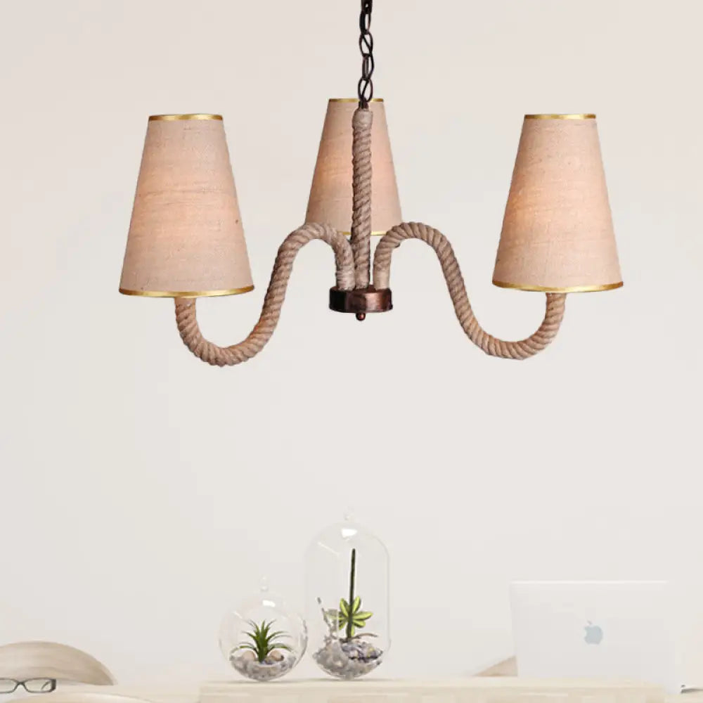 Beige Ceiling Chandelier With Antiqued Rope And Fabric Cone Shades - 3/5/8 Heads 3 /