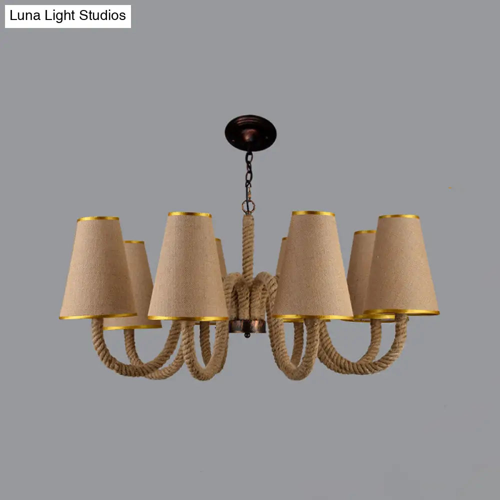 Beige Ceiling Chandelier With Antiqued Rope Design And Fabric Shade