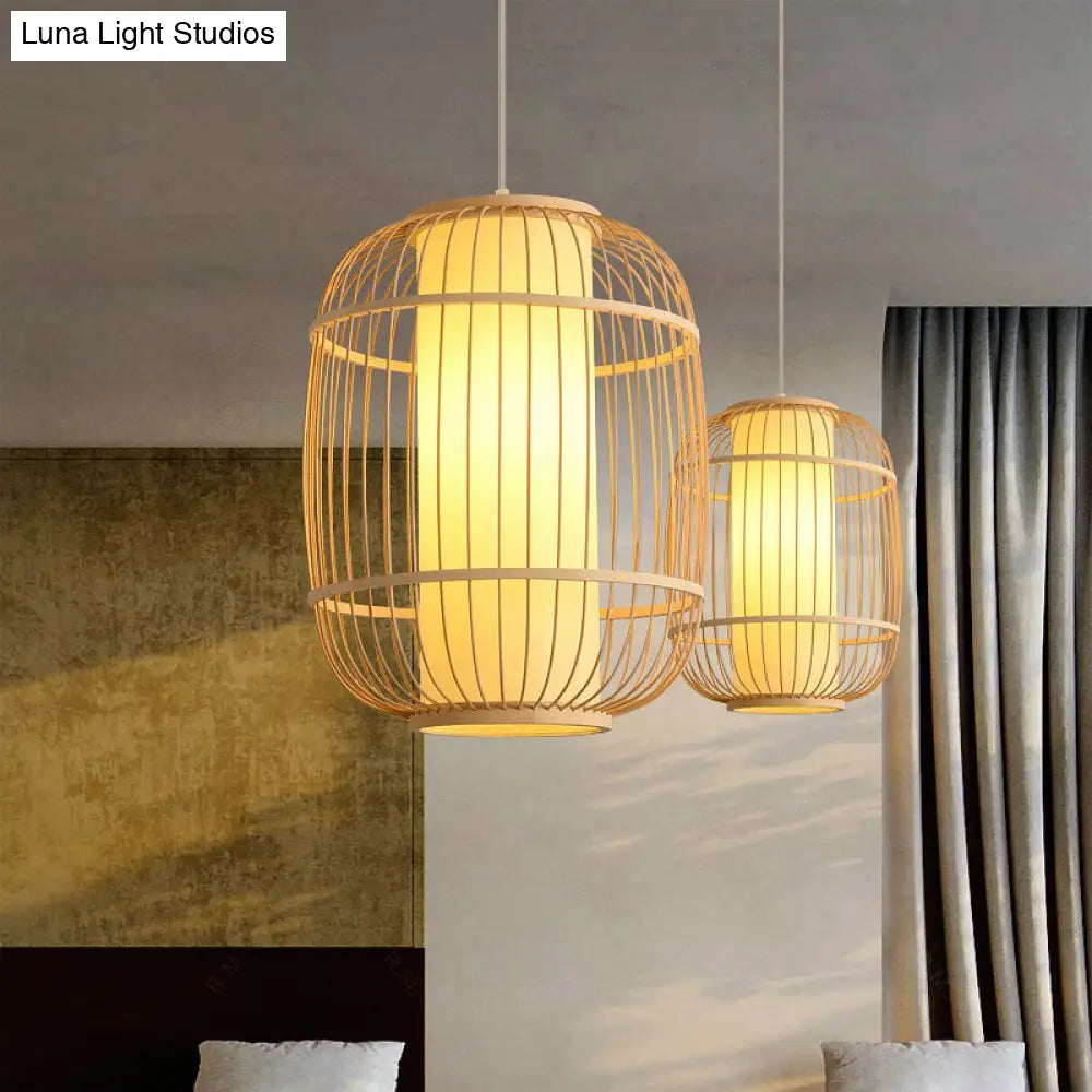 Beige Chinese Lantern Pendant With Bamboo Shade