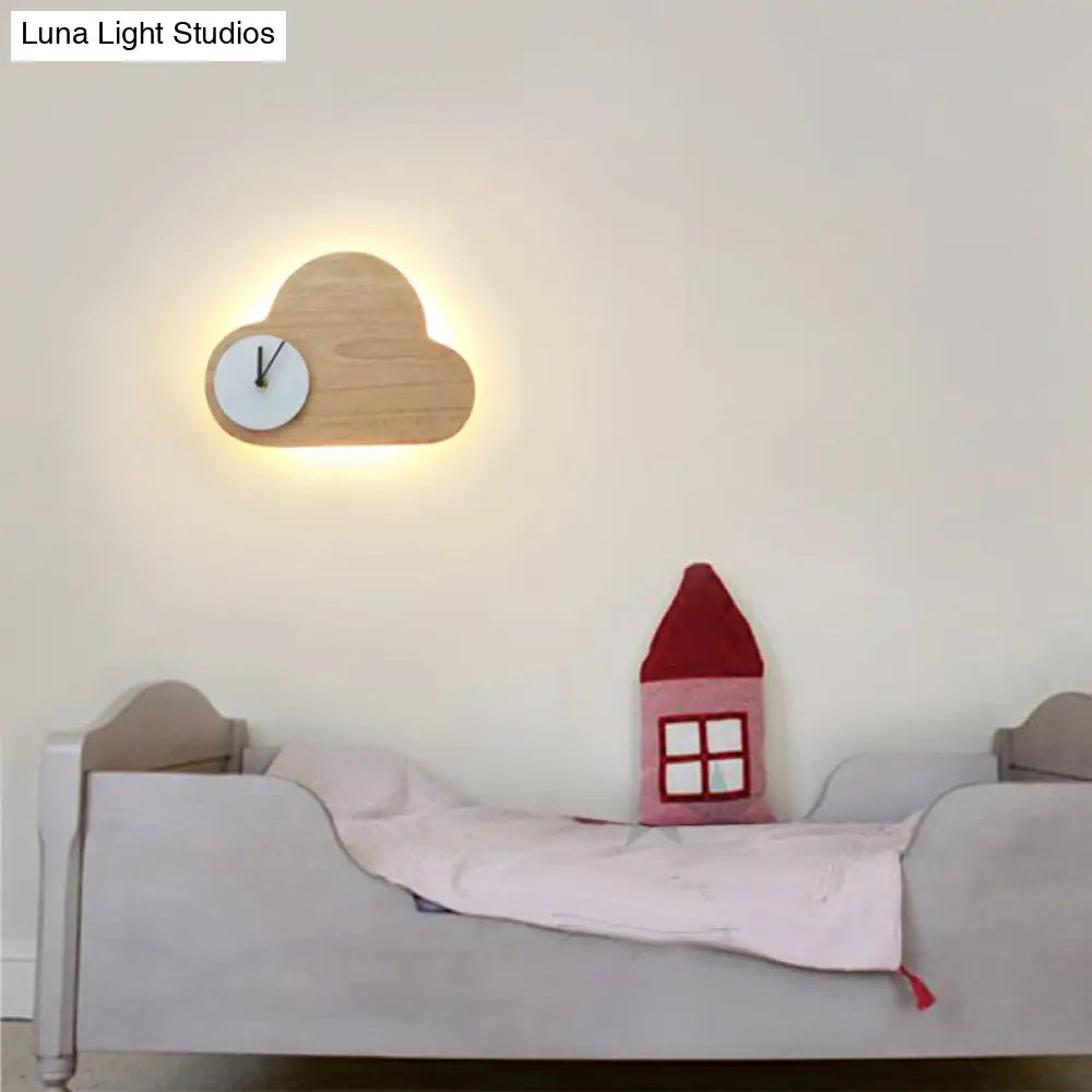 Beige Cloud Cartoon Wall Lamp With Clock For Boys And Girls Bedroom Lighting