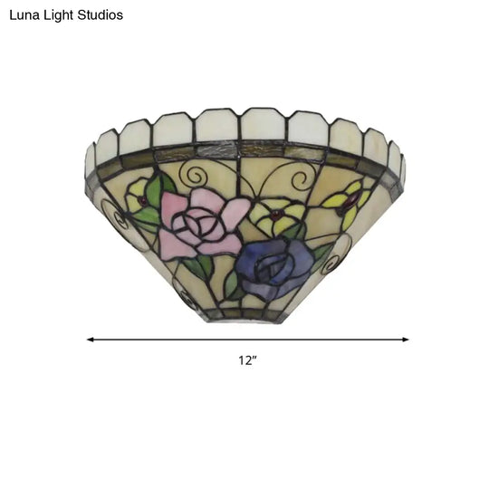 Beige Cone Wall Sconce With Floral Stained Glass - Elegant Butterfly Design