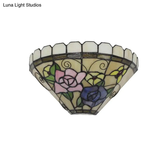 Beige Cone Wall Sconce With Floral Stained Glass - Elegant Butterfly Design