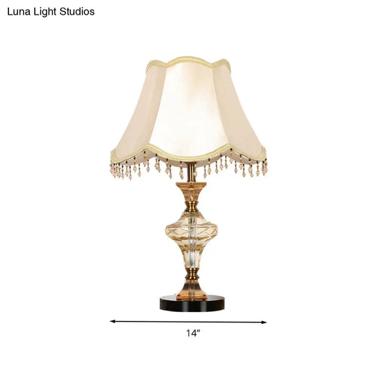 Beige Crystal-Drapped Bell Nightstand Lamp | Lodge Bedroom Light