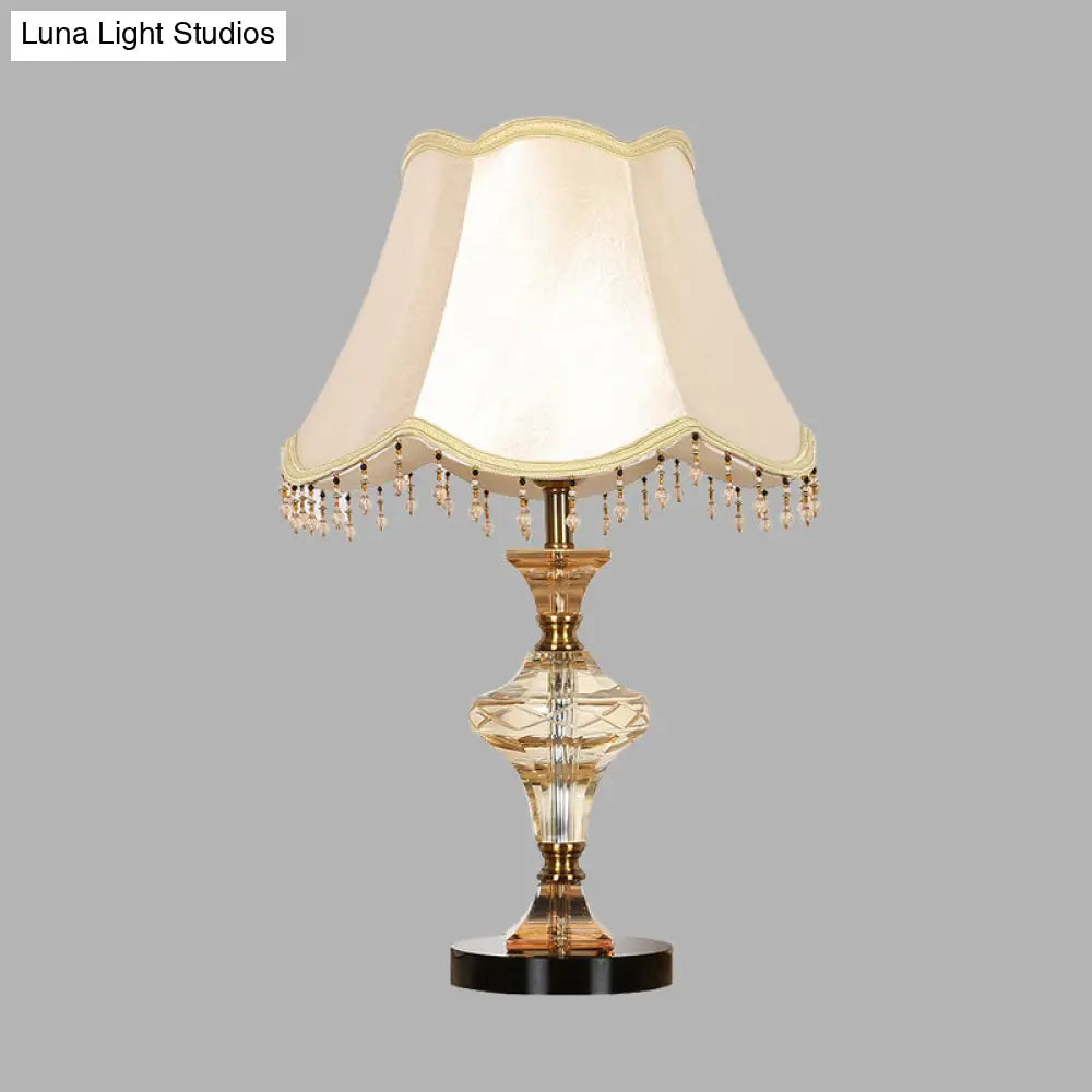 Beige Crystal-Drapped Bell Nightstand Lamp | Lodge Bedroom Light