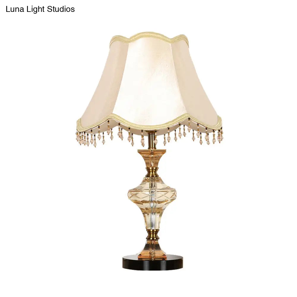 Beige Crystal-Drapped Bell Nightstand Lamp | Lodge Bedroom Light