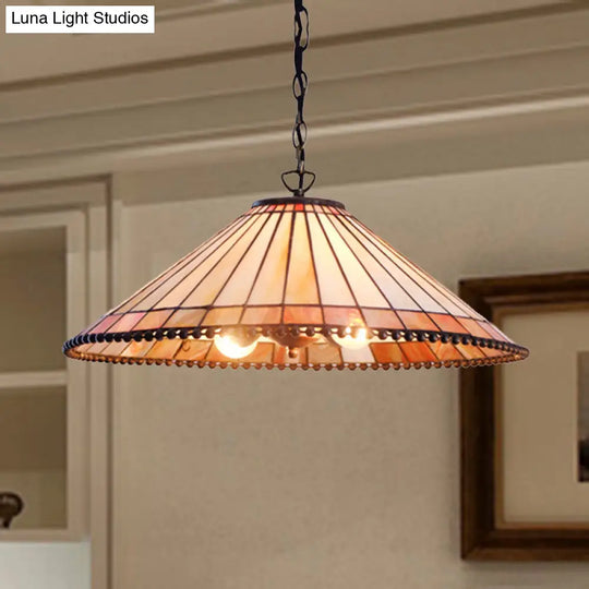 Beige Cut Glass Tiffany-Style Pendant Lamp With Wide Flare - Suspension Lighting Fixture