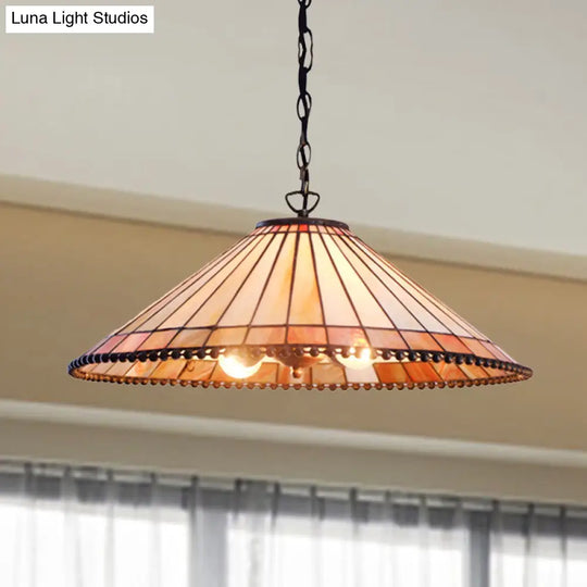 Beige Cut Glass Tiffany-Style Pendant Lamp With Wide Flare - Suspension Lighting Fixture