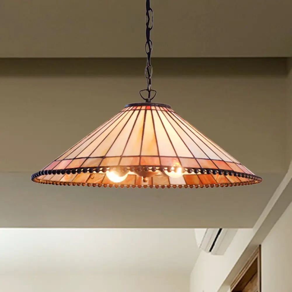 Beige Cut Glass Tiffany-Style Pendant Lamp With Wide Flare - Suspension Lighting Fixture