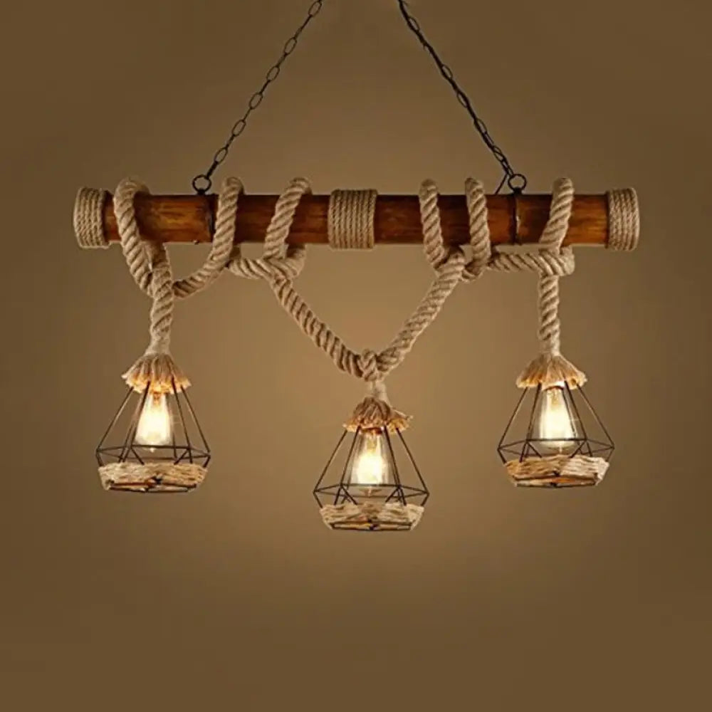 Beige Diamond Cage Island Pendant With 3 Lights - Perfect For Restaurant And Lodge