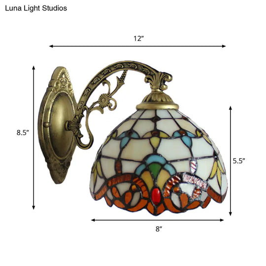 Beige Domed Tiffany Victoria Wall Light - Engraved Arm Stained Glass Lamp For Corridor