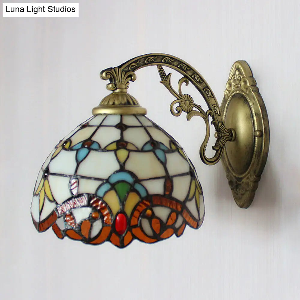 Beige Domed Tiffany Victoria Wall Light - Engraved Arm Stained Glass Lamp For Corridor