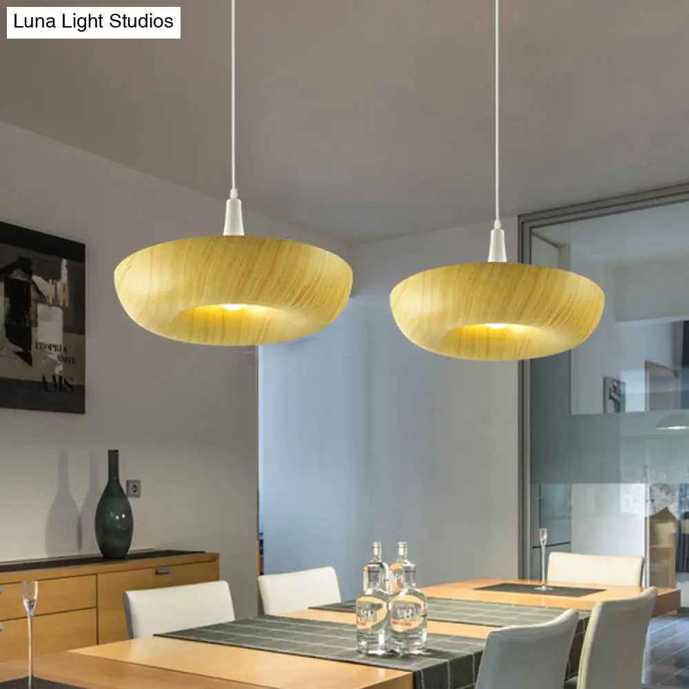 Beige Donut Hanging Light: Minimalist Aluminum Pendant Lamp With Wood Grain Texture – Perfect For