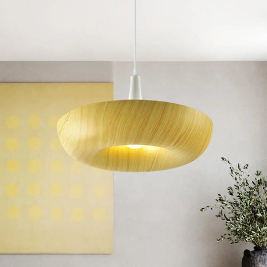 Beige Donut Hanging Light: Minimalist Aluminum Pendant Lamp With Wood Grain Texture – Perfect For