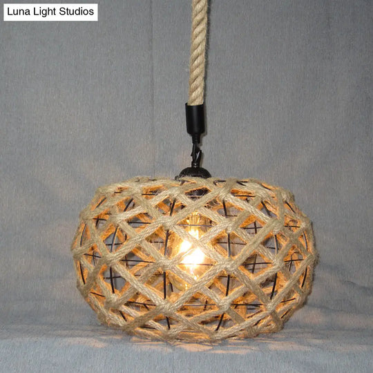 Beige Drum Ceiling Light With Industrial Hemp Rope & Ivy Decor - Single Pendant For Restaurants