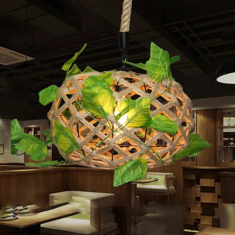 Beige Drum Ceiling Light With Industrial Hemp Rope & Ivy Decor - Single Pendant For Restaurants