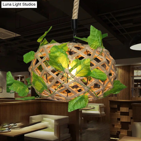 Industrial Hemp Rope Ceiling Pendant Light With Beige Drum Shade And Ivy Decor Single Restaurant