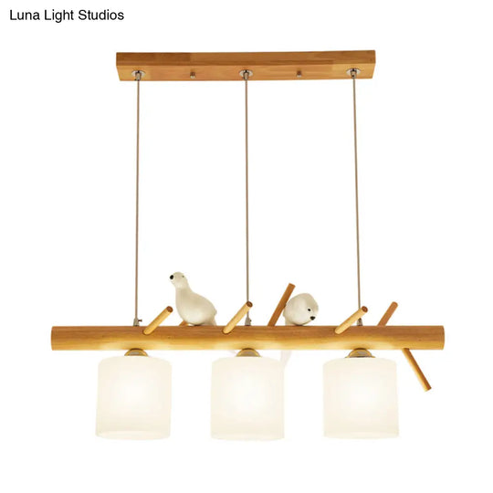 Beige Drum Island Lighting: Simple 2/3 Heads Pendant Lamp With Opaque Glass And Bird On Wood Branch