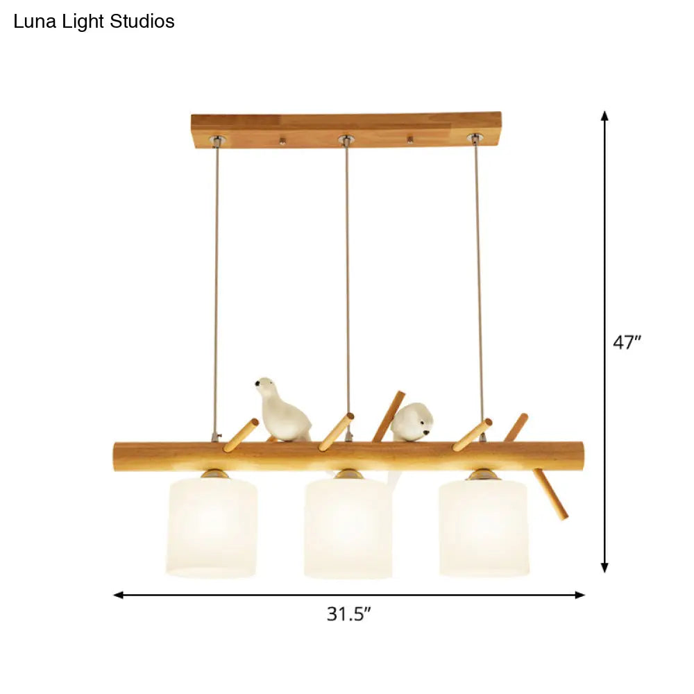 Beige Drum Island Lighting: Simple 2/3 Heads Pendant Lamp With Opaque Glass And Bird On Wood Branch