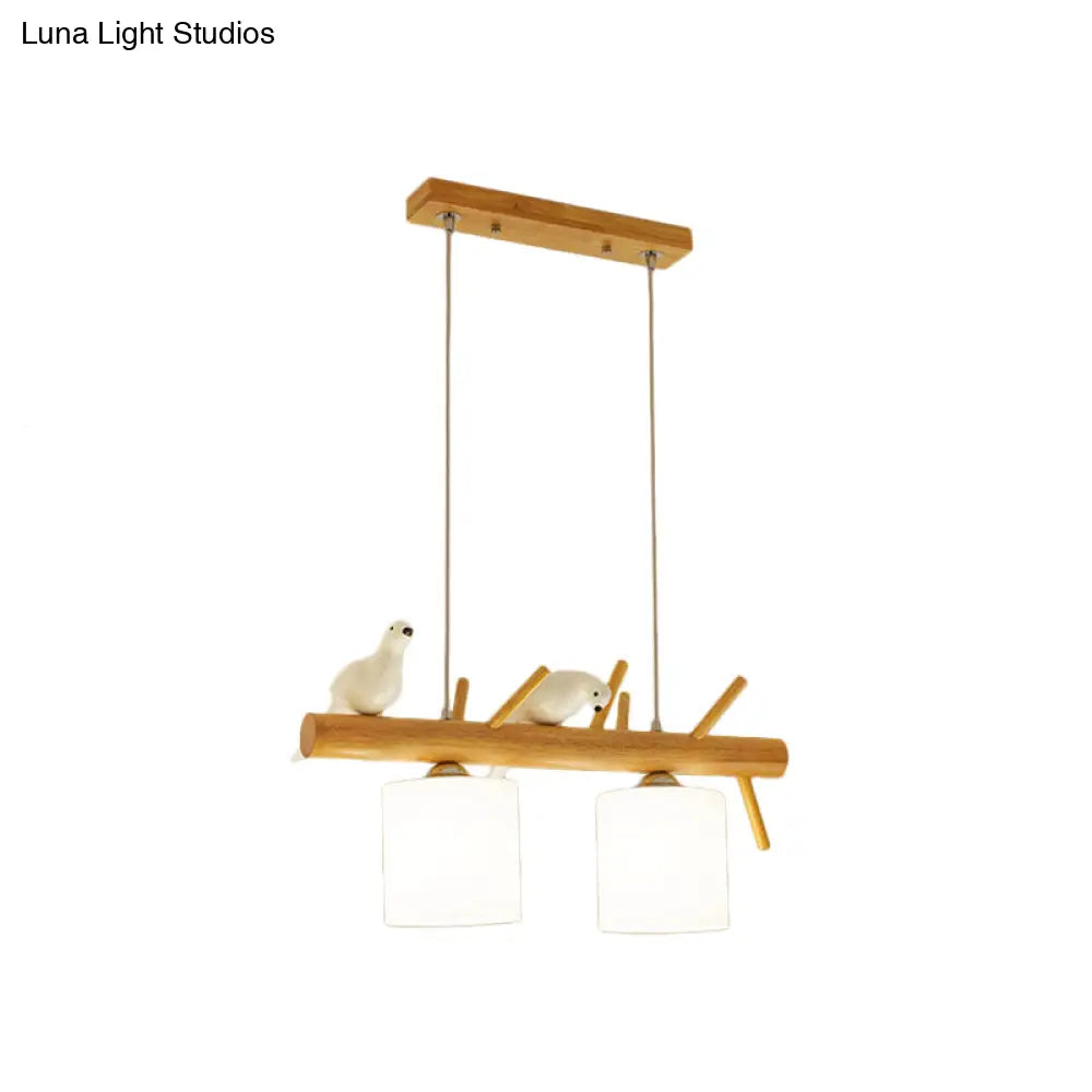 Beige Drum Island Lighting: Simple 2/3 Heads Pendant Lamp With Opaque Glass And Bird On Wood Branch