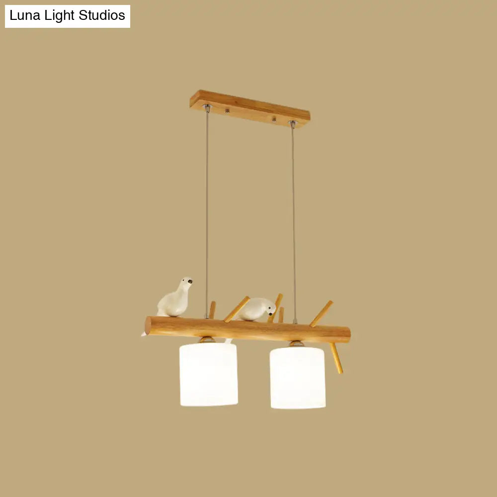 Beige Drum Island Lighting: Simple 2/3 Heads Pendant Lamp With Opaque Glass And Bird On Wood Branch