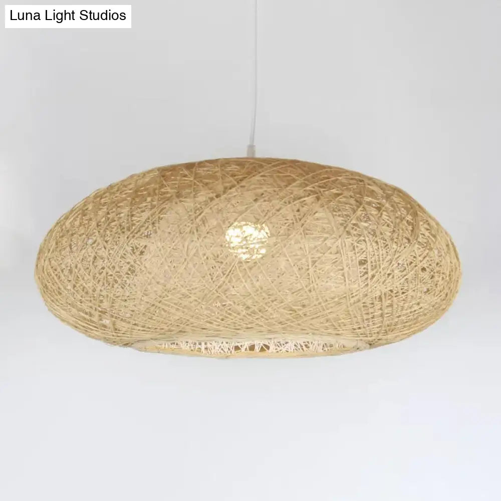 Beige Rattan Hanging Pendant Light - Ellipse Pendulum Design Asia Style 16/19.5 Wide