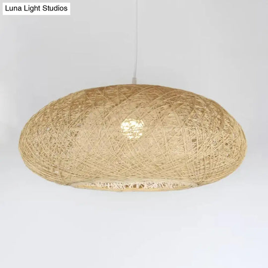 Beige Rattan Hanging Pendant Light - Ellipse Pendulum Design Asia Style 16/19.5 Wide