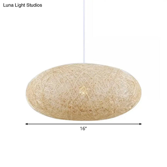 Beige Rattan Hanging Pendant Light - Ellipse Pendulum Design Asia Style 16/19.5 Wide