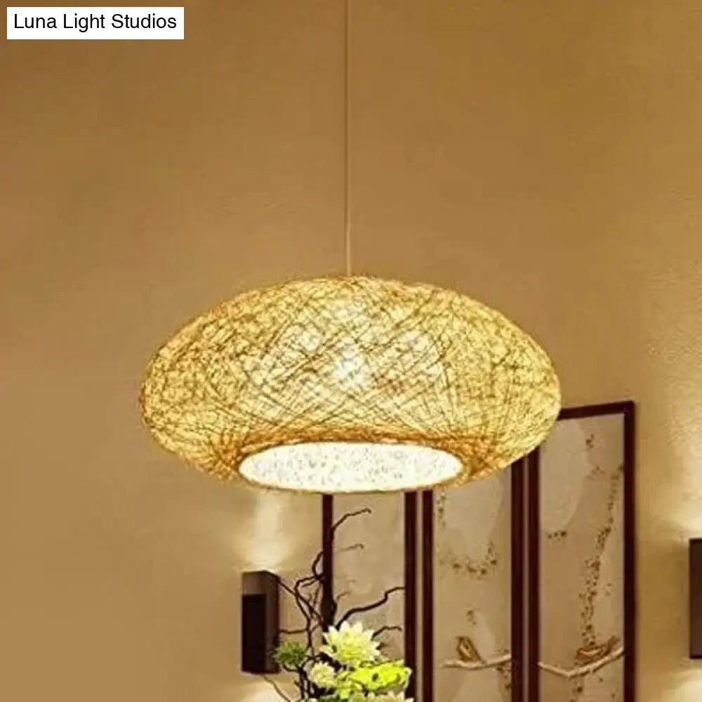 Beige Rattan Hanging Pendant Light - Ellipse Pendulum Design Asia Style 16/19.5 Wide / 16