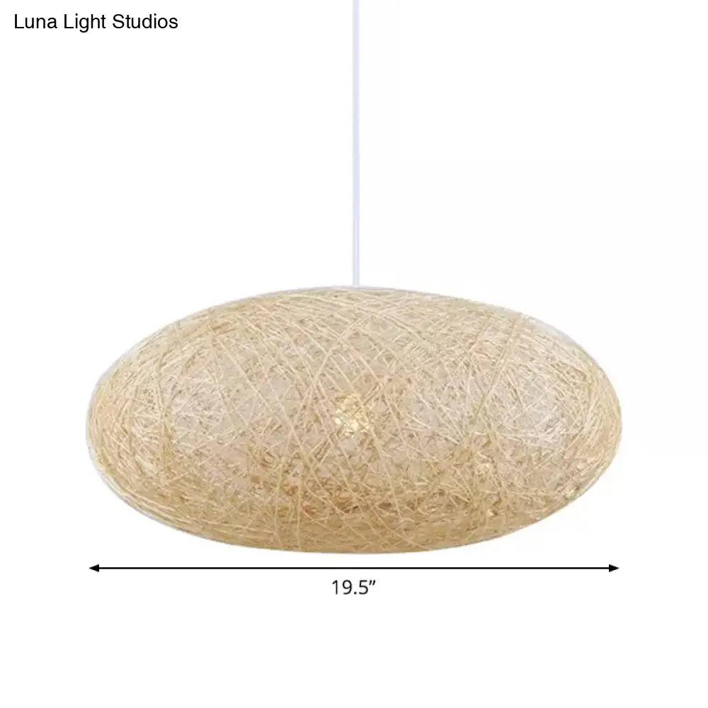 Beige Rattan Hanging Pendant Light - Ellipse Pendulum Design Asia Style 16/19.5 Wide