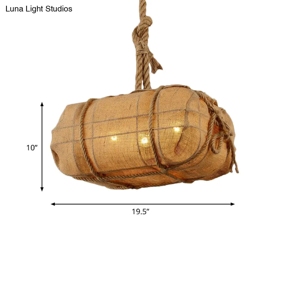 Beige Fabric Chandelier For Countryside Restaurants - Three Bulb Pendant Light With Rope Detailing