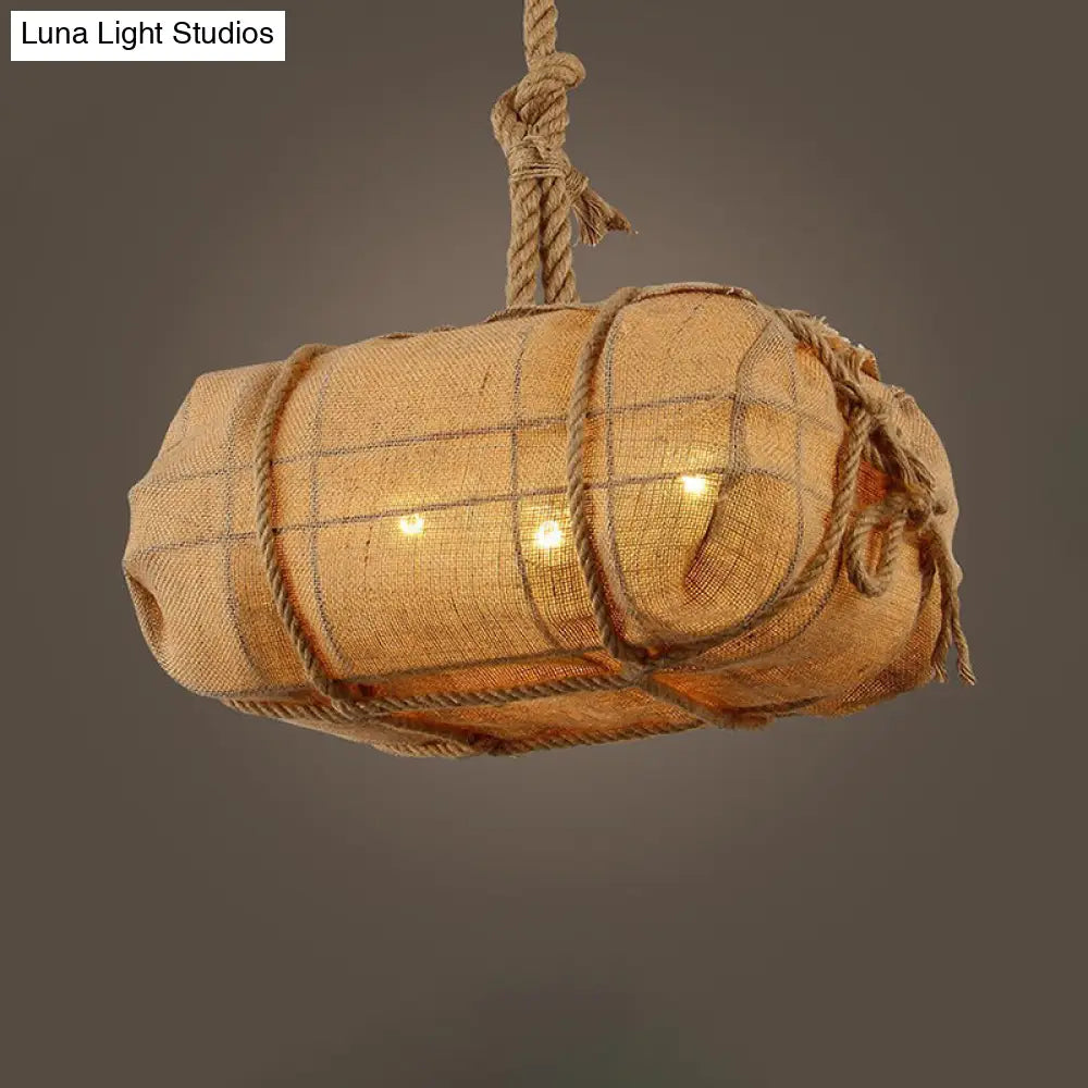 Beige Fabric Chandelier For Countryside Restaurants - Three Bulb Pendant Light With Rope Detailing