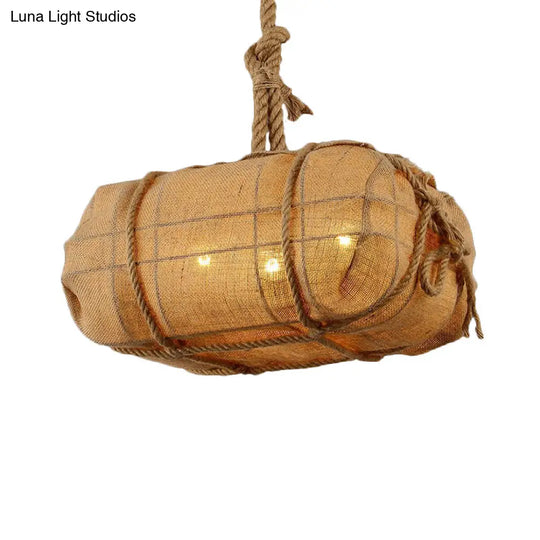 Beige Fabric Chandelier For Countryside Restaurants - Three Bulb Pendant Light With Rope Detailing