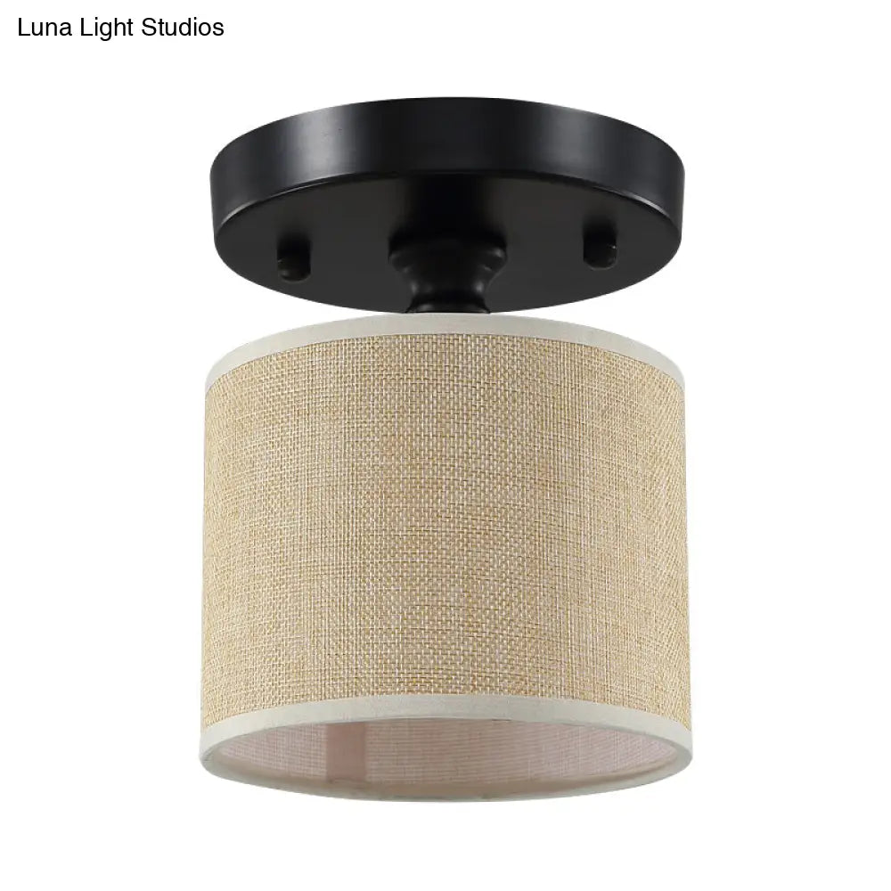 Beige Fabric Drum Semi-Flush Ceiling Light - Simple Single-Bulb Design