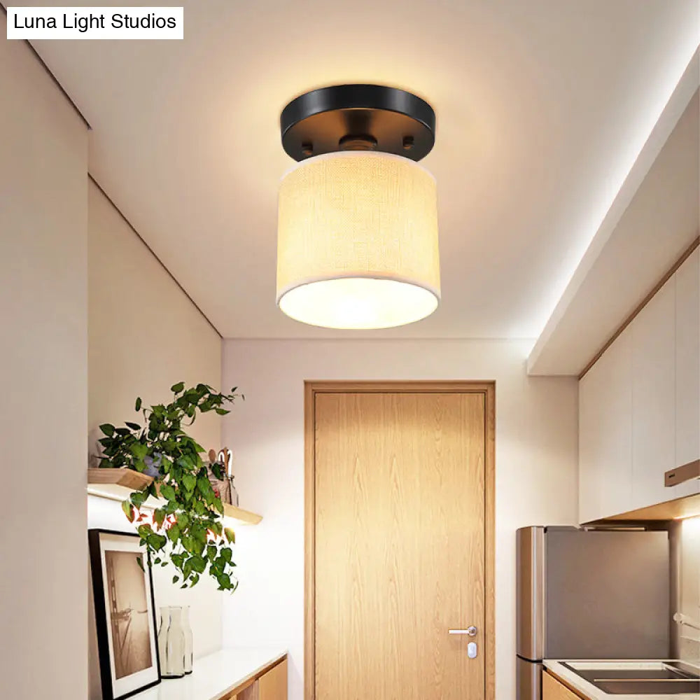 Beige Fabric Drum Semi-Flush Ceiling Light - Simple Single-Bulb Design