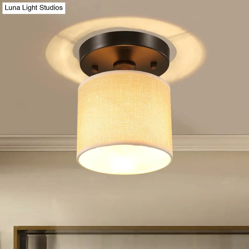 Beige Fabric Drum Semi-Flush Ceiling Light - Simple Single-Bulb Design