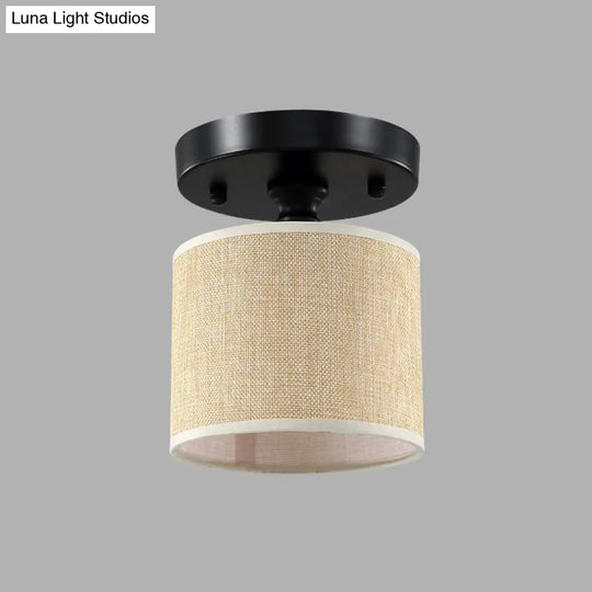 Beige Fabric Drum Semi-Flush Ceiling Light - Simple Single-Bulb Design