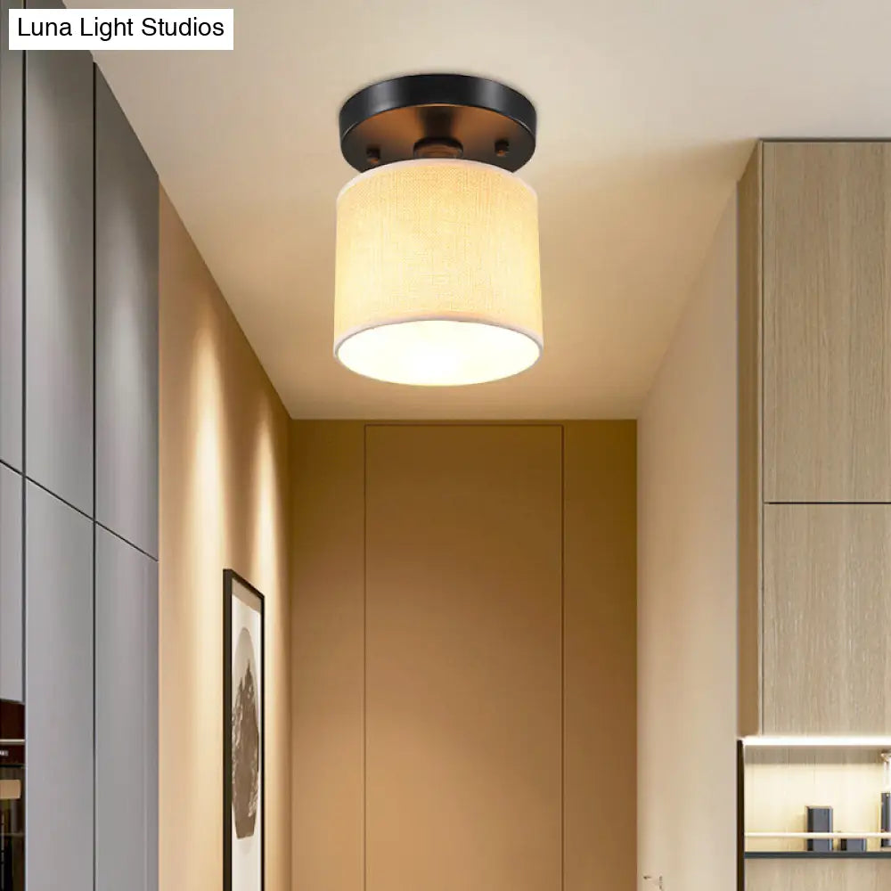 Beige Fabric Drum Semi-Flush Ceiling Light - Simple Single-Bulb Design