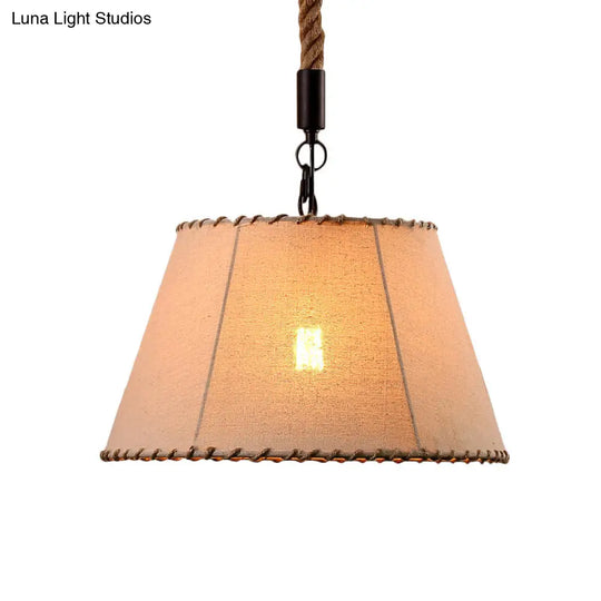 Adjustable Rope Lodge Pendant Light With Beige Fabric Tapered Shade - Hanging Ceiling 1 Head