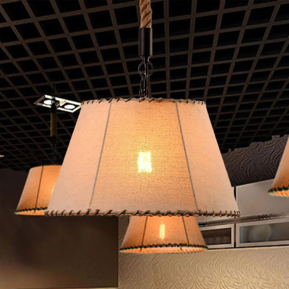 Beige Fabric Hanging Pendant Light With Adjustable Rope - Lodge Style 1 Head Tapered Shade