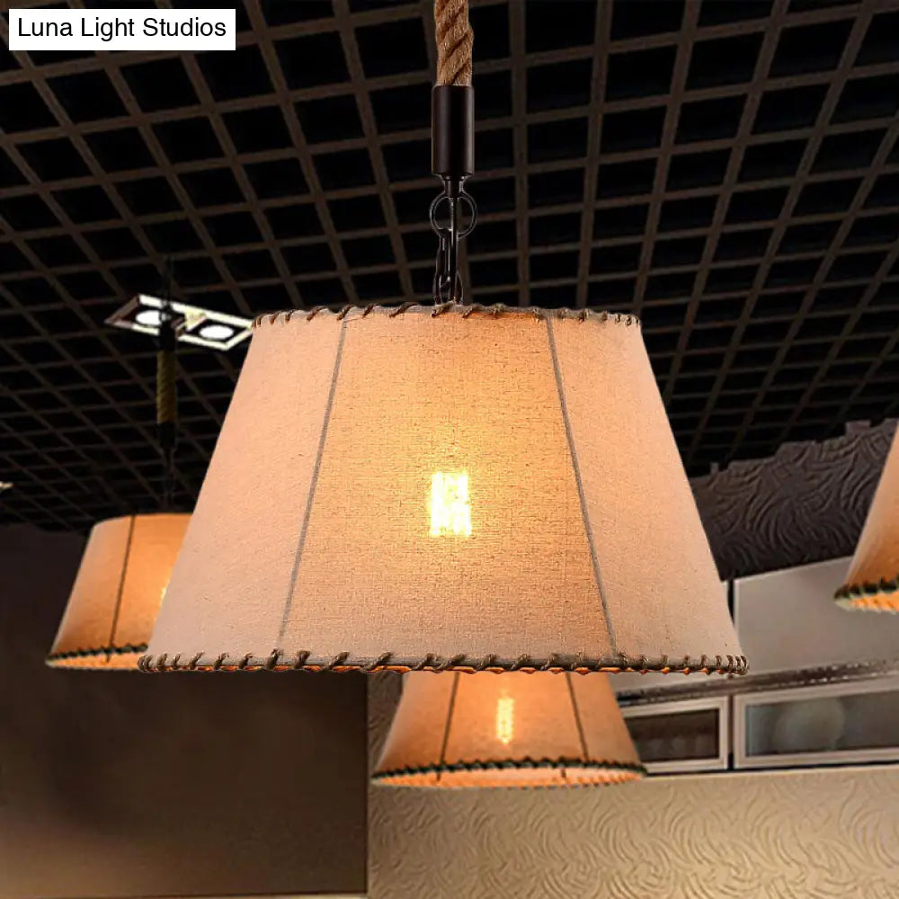 Adjustable Rope Lodge Pendant Light With Beige Fabric Tapered Shade - Hanging Ceiling 1 Head