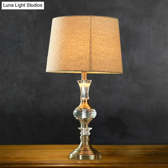 Beige Fabric Night Stand Lamp With Pleated Tapered Shade And Crystal Balls - Traditional Table Light